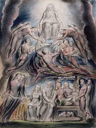 Illustrationen des Buches Hiob, pl.3 (Seite 2): Satan vor dem Thron Gottes, nach William Blake (1757-1827)